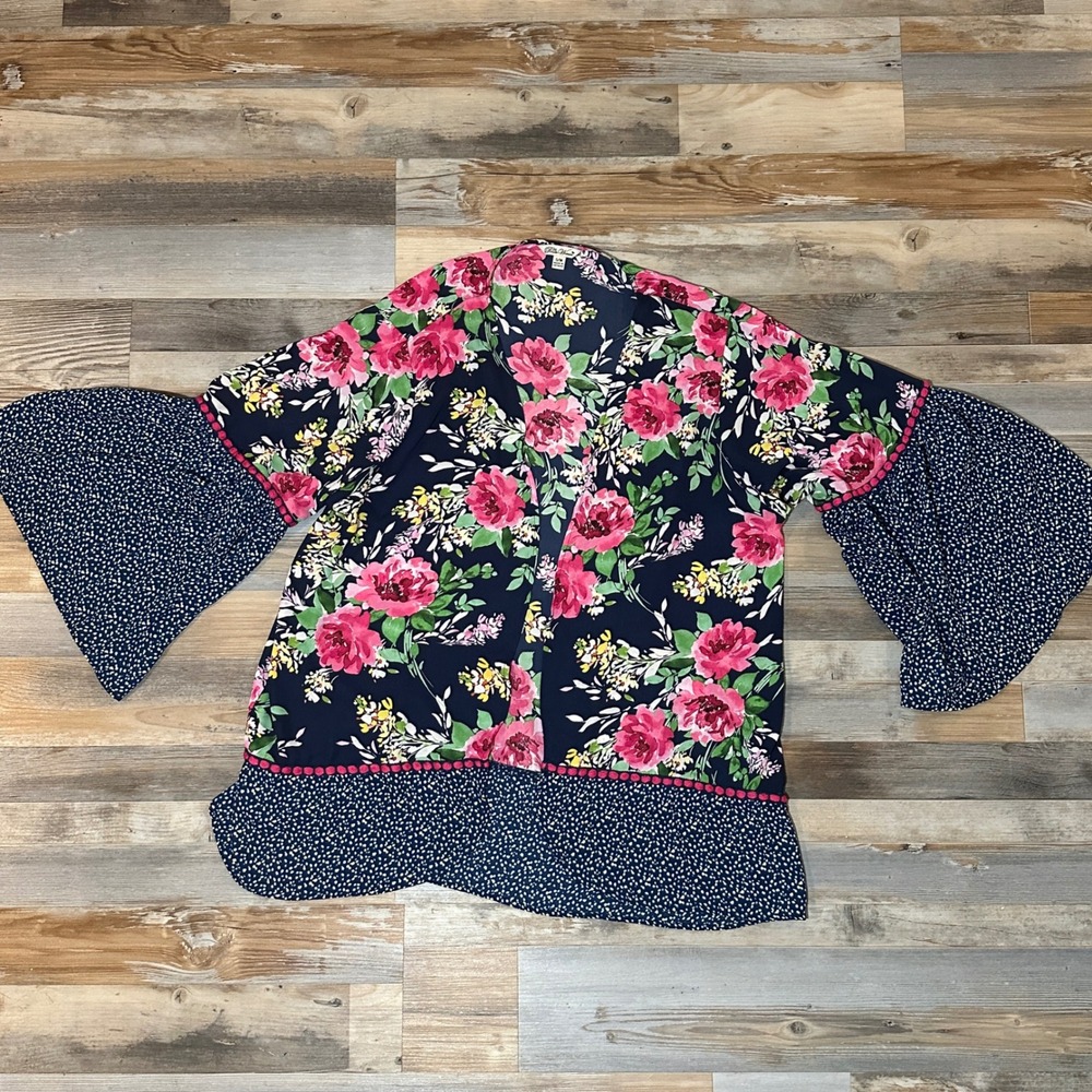 Pioneer Woman Navy Floral Kimono Cardigan Bell Sleeve Pom Pom Trim S/M